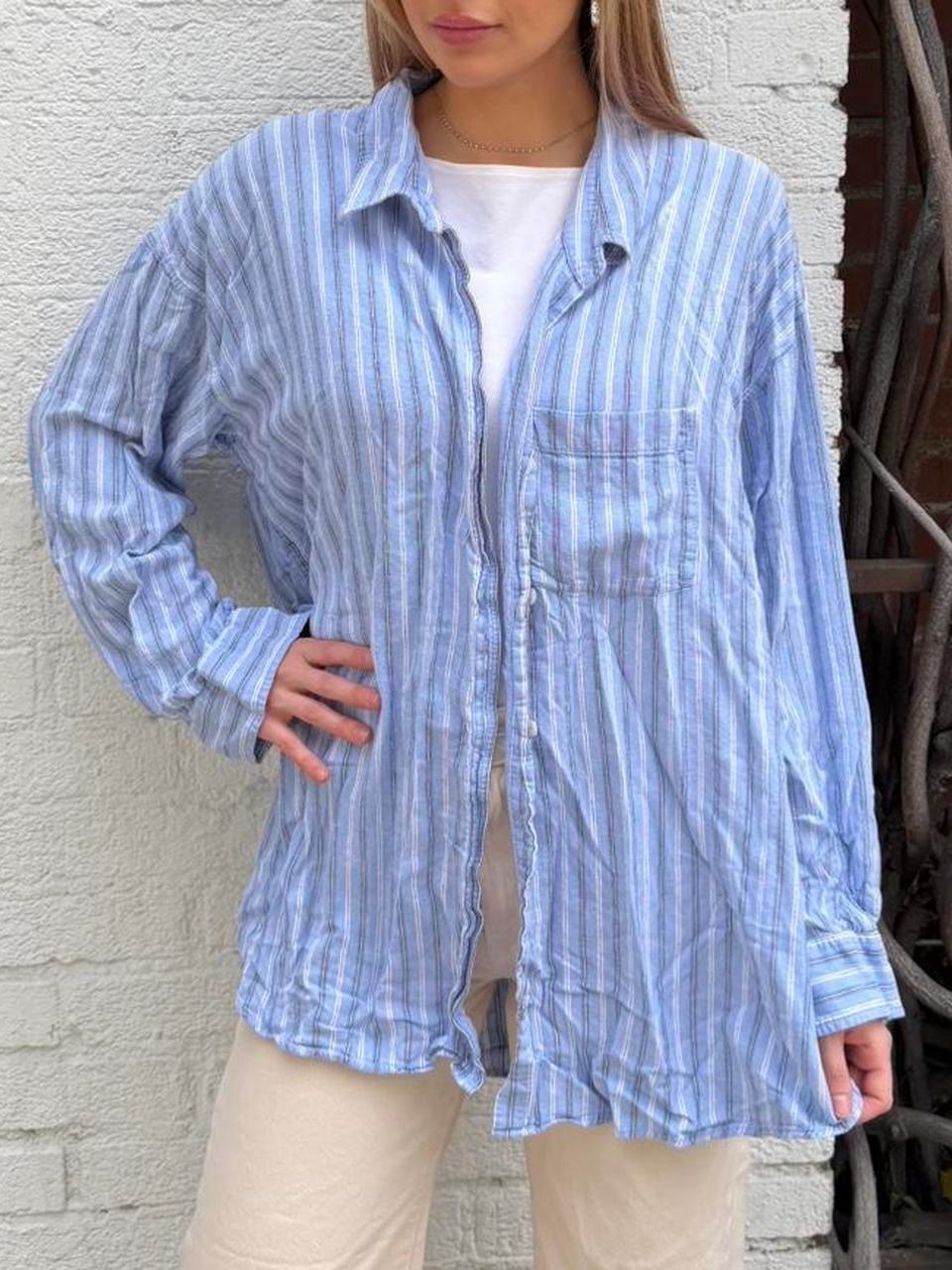Aritzia Wilfred Free Blue Linen Striped Button Up Shirt Size 3 / Xl
